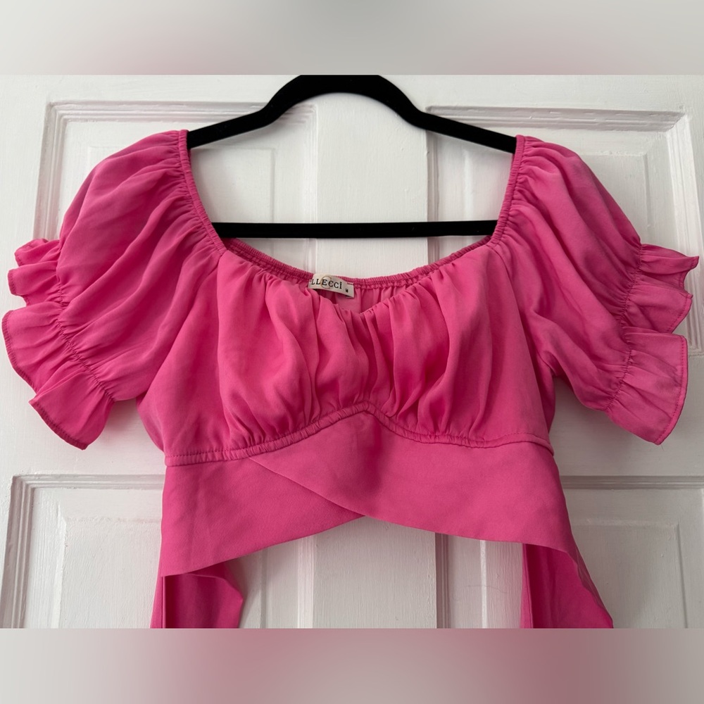 Pink Puff Sleeve Crop Top with Sweetheart Neckline